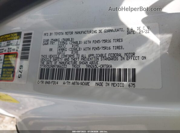 3TYRX5GN0NT066333 2022 TOYOTA TACOMA White ძრავის განყოფილების ხედი