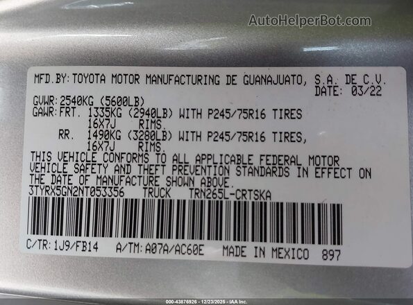3TYRX5GN2NT053356 2022 TOYOTA TACOMA Silver Շարժիչի բաժամունքի տեսք