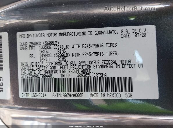 3TYSZ5AN0LT004481 2020 TOYOTA TACOMA Gray ძრავის განყოფილების ხედი