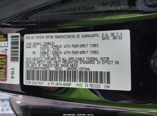 3TYSZ5AN8NT098533 2022 TOYOTA TACOMA Black Vista del compartimento del motor