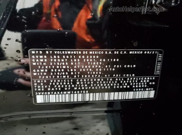 3VV0B7AX4MM149756 2021 VOLKSWAGEN TIGUAN Black Widok naklejki z numerem VIN