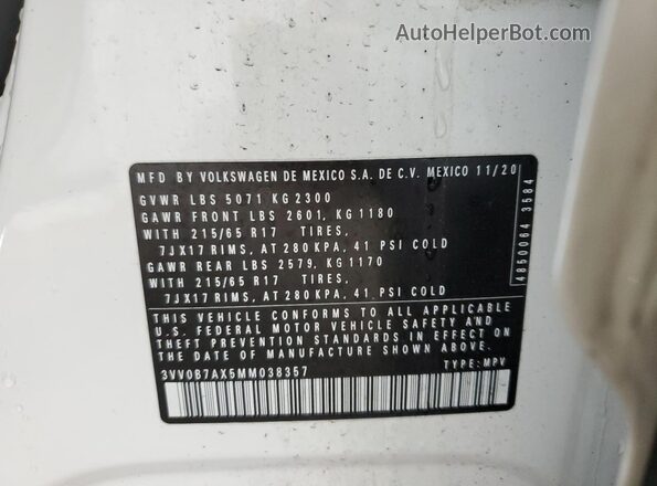3VV0B7AX5MM038357 2021 VOLKSWAGEN TIGUAN White VIN կոդի պիտակի տեսք