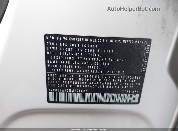 3VV0B7AX7NM106627 2022 VOLKSWAGEN TIGUAN White ძრავის განყოფილების ხედი
