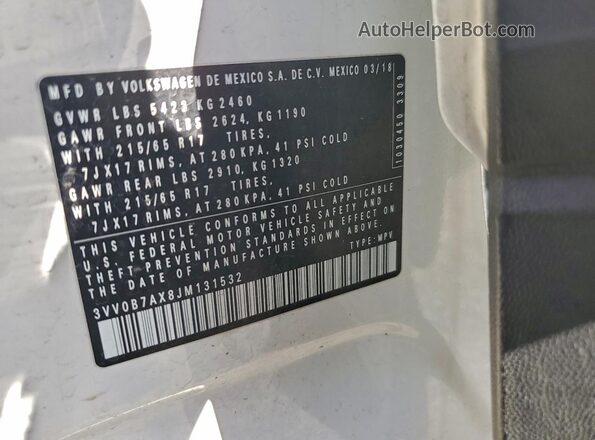 3VV0B7AX8JM131532 2018 VOLKSWAGEN TIGUAN White Вид наклейки з VIN-кодом