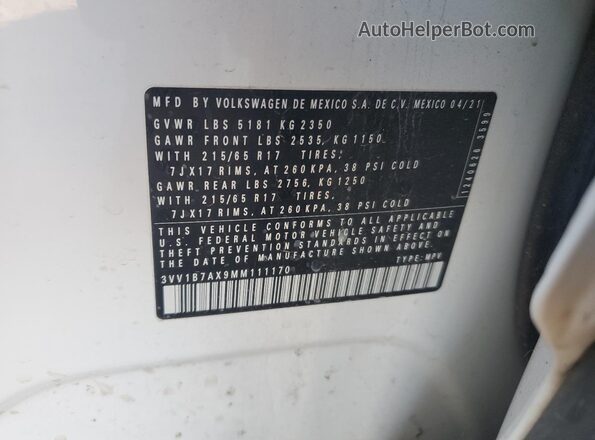 3VV1B7AX9MM111170 2021 VOLKSWAGEN TIGUAN Белый 