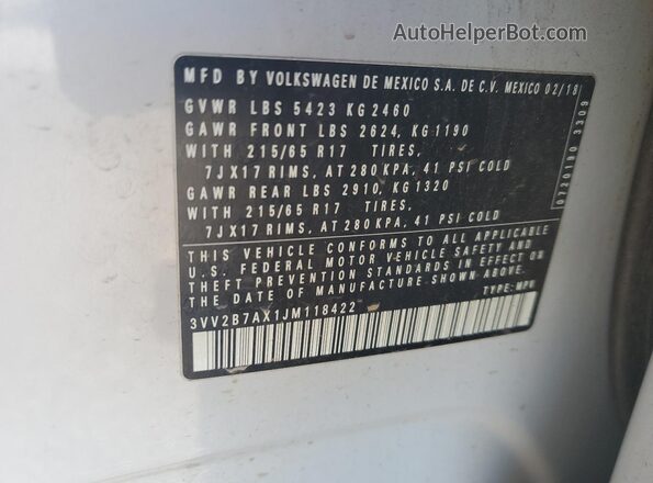 3VV2B7AX1JM118422 2018 VOLKSWAGEN TIGUAN Белый 