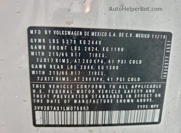 3VV2B7AX1LM075963 2020 VOLKSWAGEN TIGUAN White Շարժիչի բաժամունքի տեսք