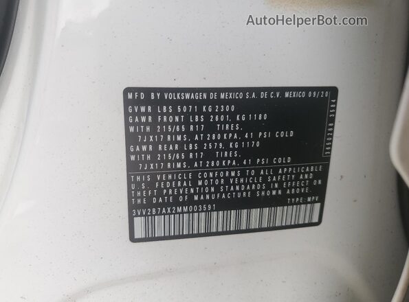 3VV2B7AX2MM003591 2021 VOLKSWAGEN TIGUAN White VIN կոդի պիտակի տեսք