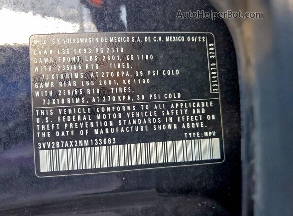 3VV2B7AX2NM133663 2022 VOLKSWAGEN TIGUAN Gray VIN კოდის სტიკერის ხედი