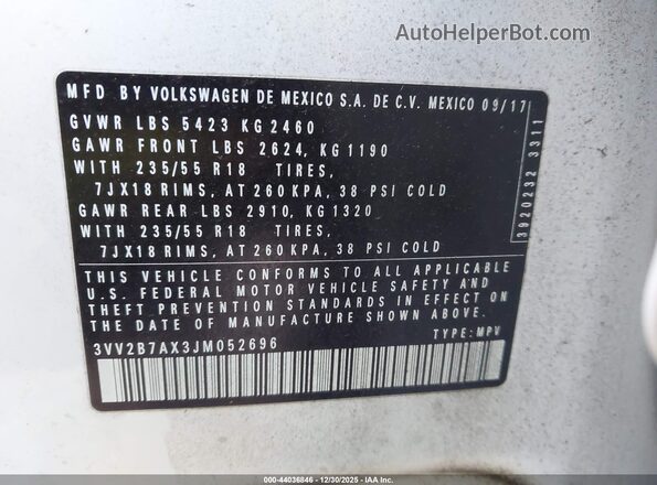 3VV2B7AX3JM052696 2018 VOLKSWAGEN TIGUAN White Շարժիչի բաժամունքի տեսք