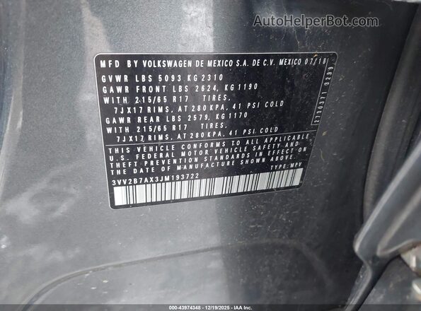 3VV2B7AX3JM193722 2018 VOLKSWAGEN TIGUAN Gray Вид підкапотного простору