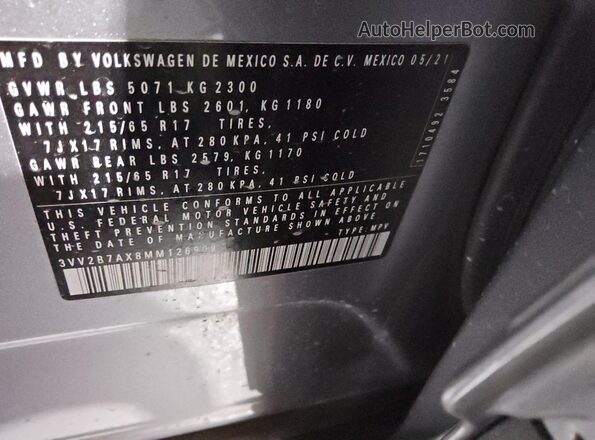 3VV2B7AX8MM126909 2021 VOLKSWAGEN TIGUAN Silver 