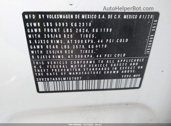 3VV2B7AX9LM107607 2020 VOLKSWAGEN TIGUAN White Vista del compartimento del motor