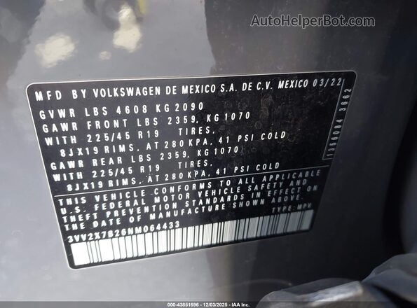 3VV2X7B26NM064433 2022 VOLKSWAGEN TAOS Gray ძრავის განყოფილების ხედი