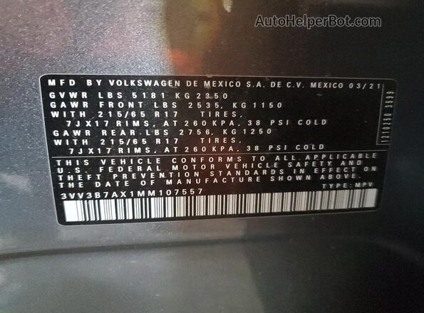 3VV3B7AX1MM107557 2021 VOLKSWAGEN TIGUAN Gray 