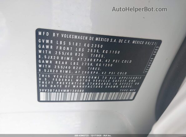 3VV3B7AX4MM138088 2021 VOLKSWAGEN TIGUAN Белый 