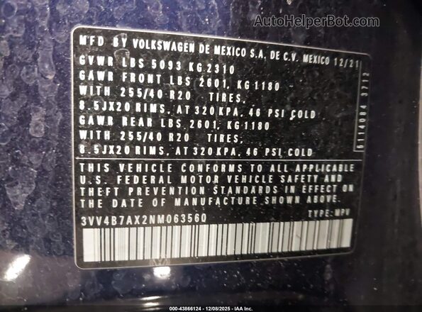 3VV4B7AX2NM063560 2022 VOLKSWAGEN TIGUAN Blue Շարժիչի բաժամունքի տեսք