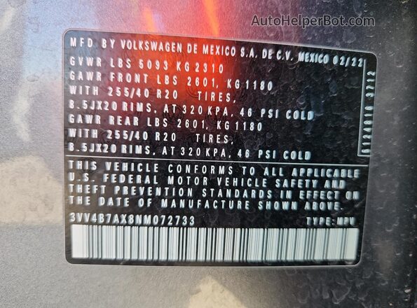 3VV4B7AX8NM072733 2022 VOLKSWAGEN TIGUAN Gray Vista interior de 360 grados