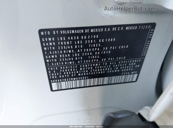 3VV4X7B22RM035901 2024 VOLKSWAGEN TAOS White Widok komory silnika