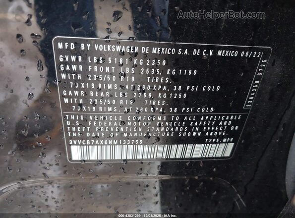 3VVCB7AX6NM133766 2022 VOLKSWAGEN TIGUAN Черный Вид подкапотного пространства