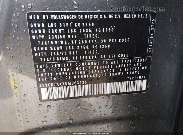 3VVCB7AXXNM003425 2022 VOLKSWAGEN TIGUAN Gray 