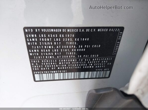 3VVCX7B27NM070181 2022 VOLKSWAGEN TAOS White Engine compartment view