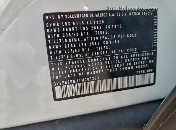 3VVER7RM1TM003373 2026 VOLKSWAGEN TIGUAN White 