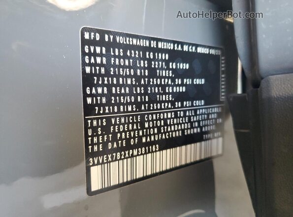 3VVEX7B2XPM381163 2023 VOLKSWAGEN TAOS Gray Widok naklejki z numerem VIN