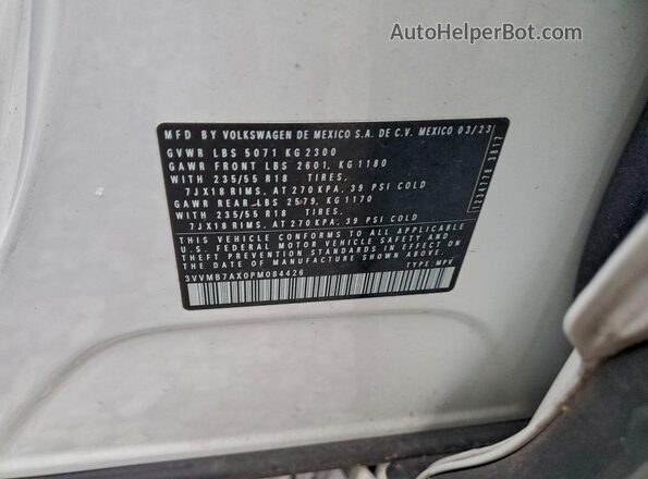 3VVMB7AX0PM084426 2023 VOLKSWAGEN TIGUAN White VIN sticker view