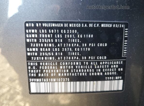 3VVMB7AX1RM107375 2024 VOLKSWAGEN TIGUAN Gray VIN კოდის სტიკერის ხედი