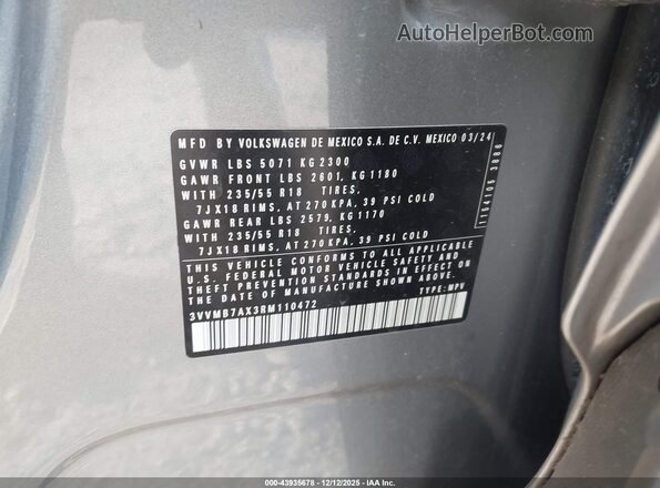 3VVMB7AX3RM110472 2024 VOLKSWAGEN TIGUAN Silver Շարժիչի բաժամունքի տեսք