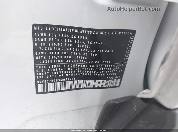 3VVSC7B28SM077756 2025 VOLKSWAGEN TAOS White ძრავის განყოფილების ხედი