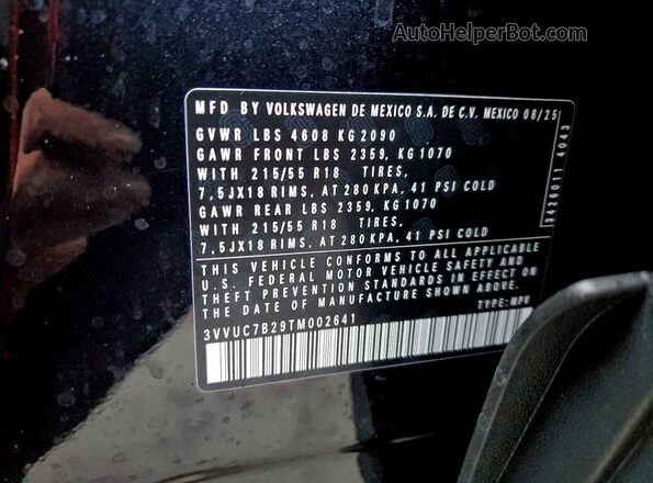 3VVUC7B29TM002641 2026 VOLKSWAGEN TAOS Black Vista de la etiqueta del VIN