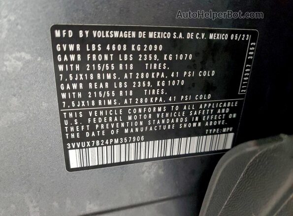 3VVUX7B24PM357906 2023 VOLKSWAGEN TAOS Серебряный Вид наклейки с VIN-кодом
