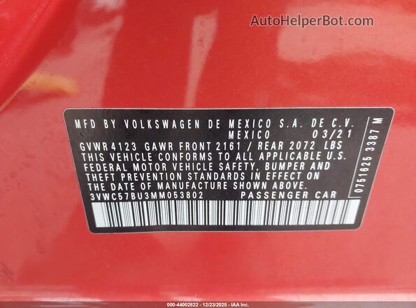 3VWC57BU3MM053802 2021 VOLKSWAGEN JETTA Orange 