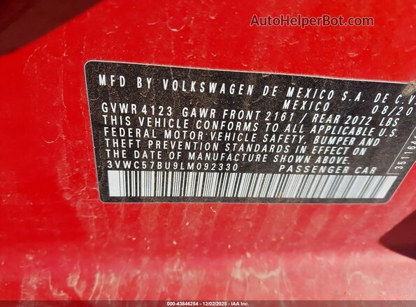 3VWC57BU9LM092330 2020 VOLKSWAGEN JETTA Orange ძრავის განყოფილების ხედი