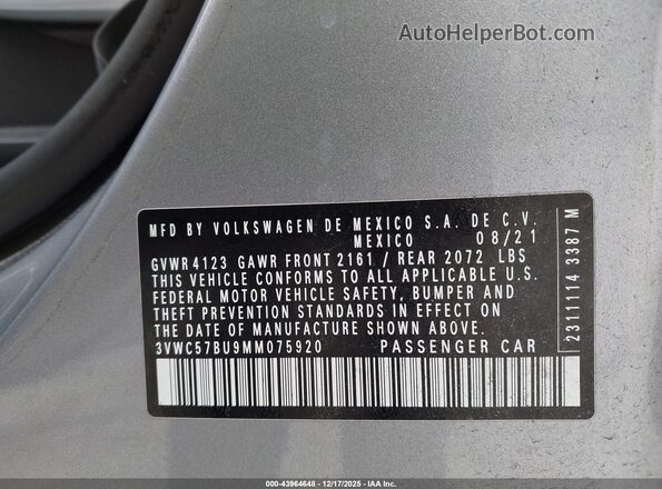 3VWC57BU9MM075920 2021 VOLKSWAGEN JETTA Silver Engine compartment view