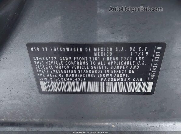 3VWCB7BU6LM004357 2020 VOLKSWAGEN JETTA Серый Вид подкапотного пространства
