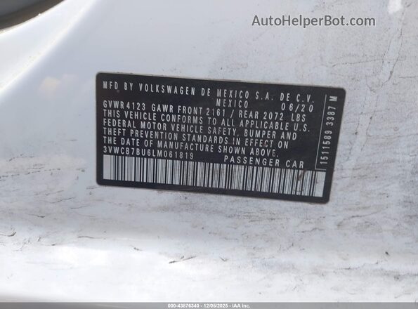 3VWCB7BU6LM061819 2020 VOLKSWAGEN JETTA Белый Вид подкапотного пространства