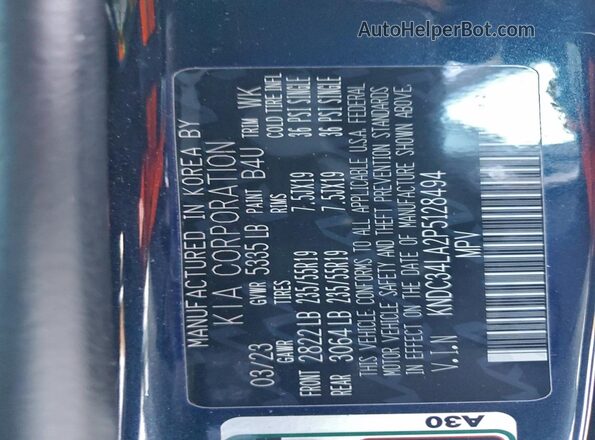 KNDC34LA2P5128494 2023 KIA EV6 Black VIN კოდის სტიკერის ხედი
