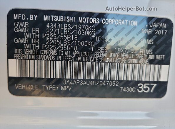 JA4AP3AU4HZ047052 2017 MITSUBISHI OUTLANDER White 