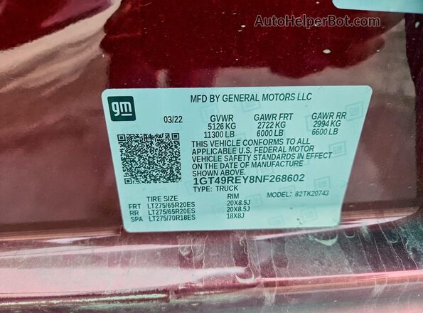 1GT49REY8NF268602 2022 GMC SIERRA Maroon Widok naklejki z numerem VIN