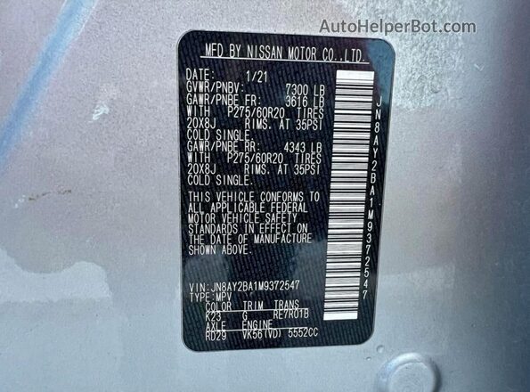 JN8AY2BA1M9372547 2021 NISSAN ARMADA Серебряный 