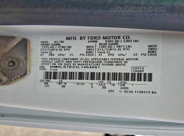 NM0LS7E23L1464891 2020 FORD TRANSIT White Widok wnętrza 360 stopni