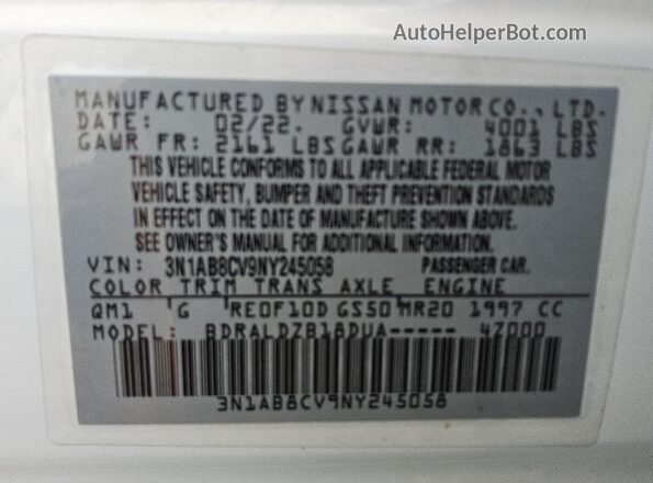 3N1AB8CV9NY245058 2022 NISSAN SENTRA White Widok komory silnika