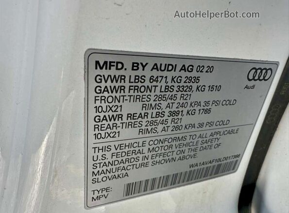 WA1AVAF10LD017366 2020 AUDI Q8 White Rear interior view