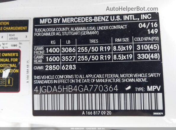 4JGDA5HB4GA770364 2016 MERCEDES-BENZ GLE 350 Белый 