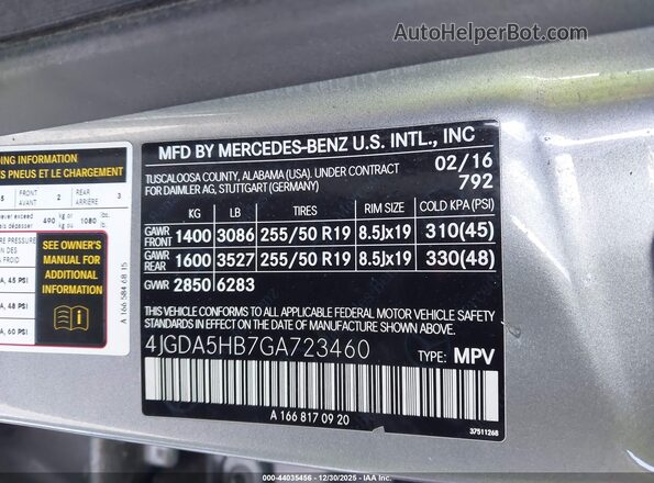 4JGDA5HB7GA723460 2016 MERCEDES-BENZ GLE 350 Gray Vista del compartimento del motor