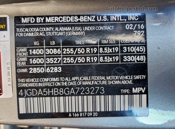 4JGDA5HB8GA723273 2016 MERCEDES-BENZ GLE Серый Вид наклейки с VIN-кодом