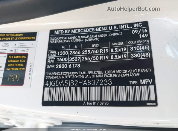 4JGDA5JB2HA837233 2017 MERCEDES-BENZ GLE 350 White 